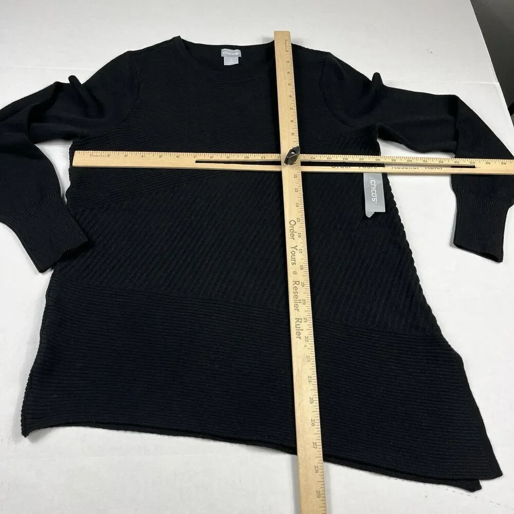 Chicos Tunic Sweater Black Asymmetric Warm Cozy Ribbed Knit Pullover 0 SMALL NEW